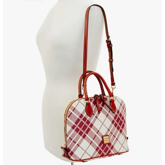Vintage Dooney and Bourke Cranberry Plaid Leather Zip Zip Domed Satchel Handbag - Picture 12 of 12